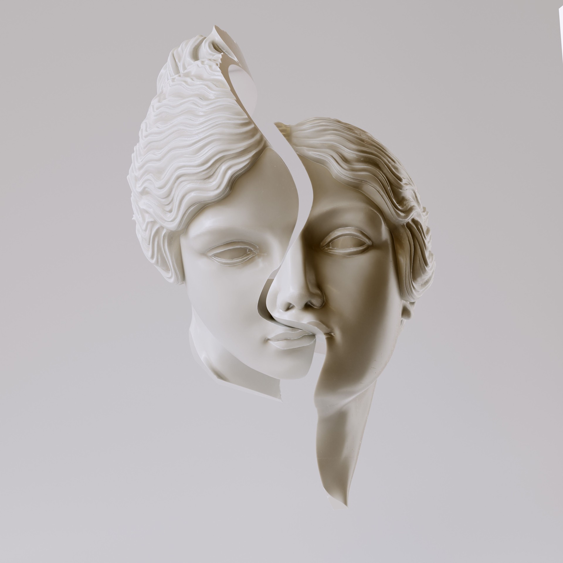 3D rendering split female sculpture face, concept of duality, division, and fragmentation. Psychology, inner conflict concept.
